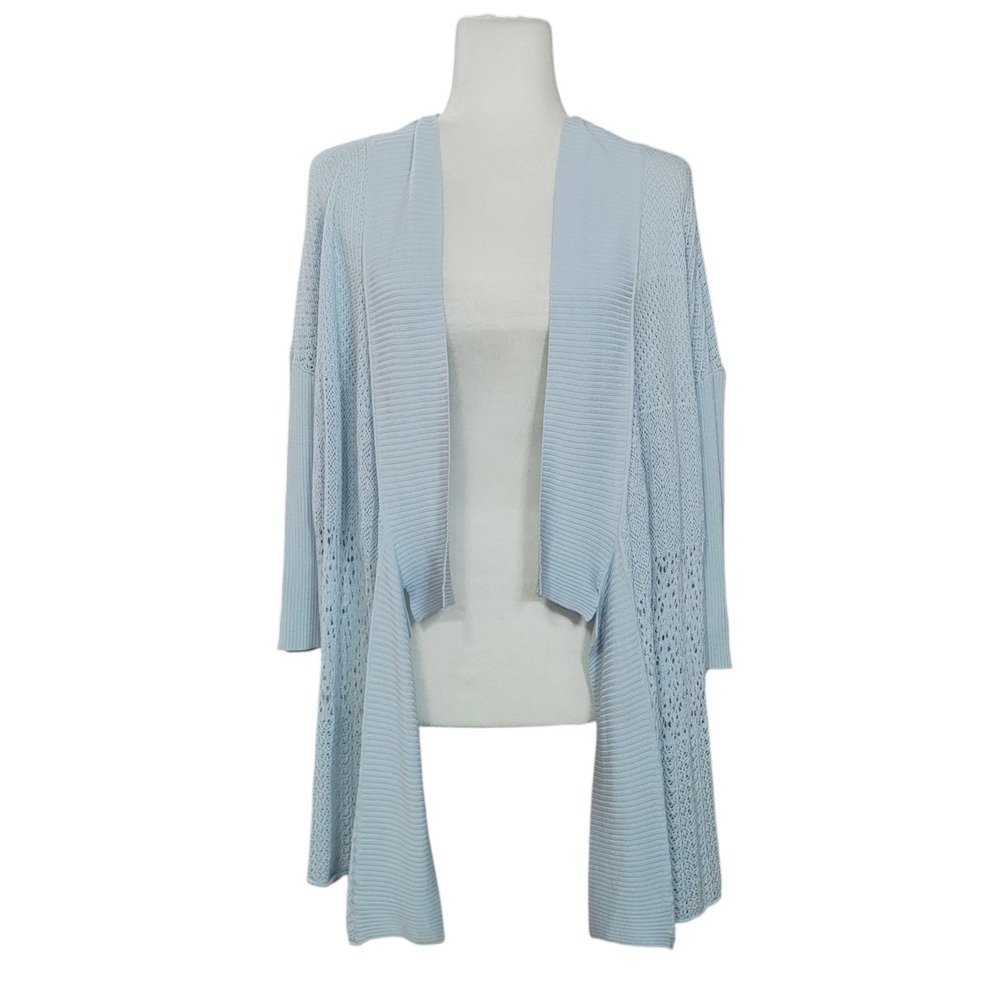 Eileen Fisher Light Blue Silk Blend Cardigan Pointelle Open Front Lagenlook L